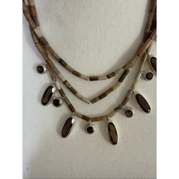 Sterling Silver Multi-Strand Heishi Necklace w/ Smoky Quartz Style Dangles – DR - Picture 2 of 8